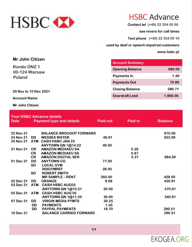 Relevé bancaire HSBC Pologne